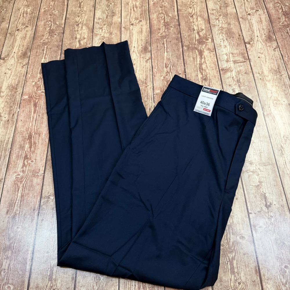 Roundtree & Yorke TravelSmart Dress Pants Mens 40x36 Navy Blue Flat Front Tall